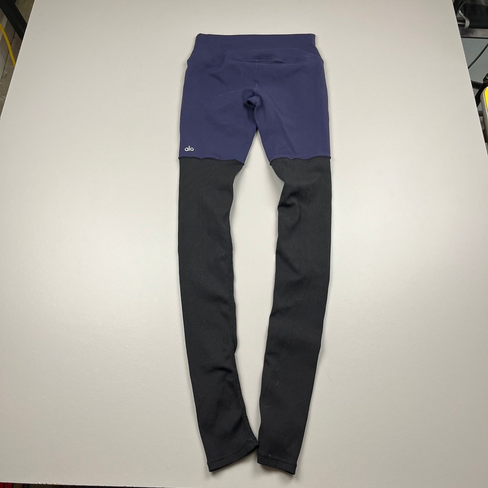 Alo Yoga Goddess Leggings Women XS Navy Blue Black Colorblock Ribbed High Waist